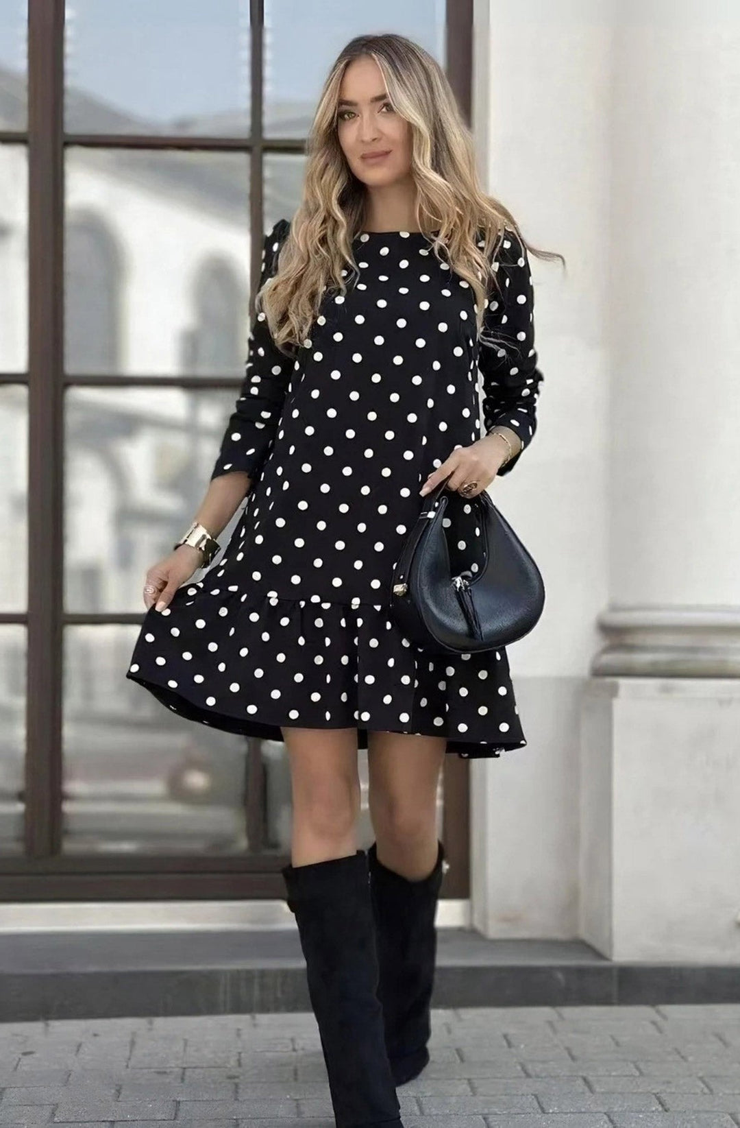 Poppy Frill Polka Dots Dress-Black