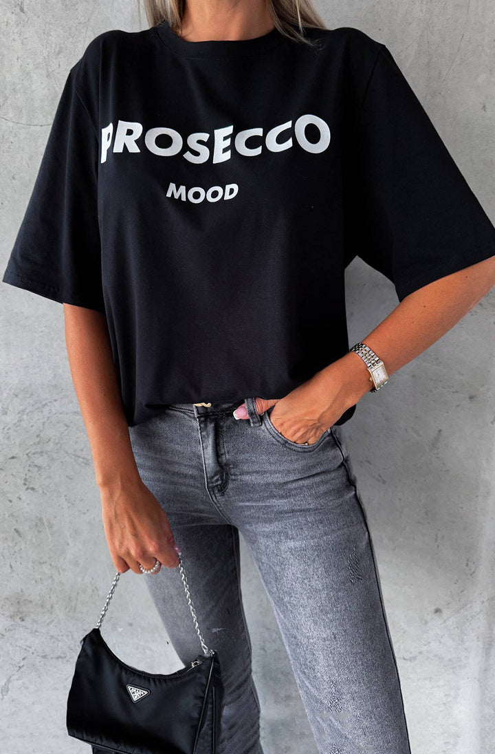 'Prosecco Mood' Graphic Printed T-Shirt Top-Black