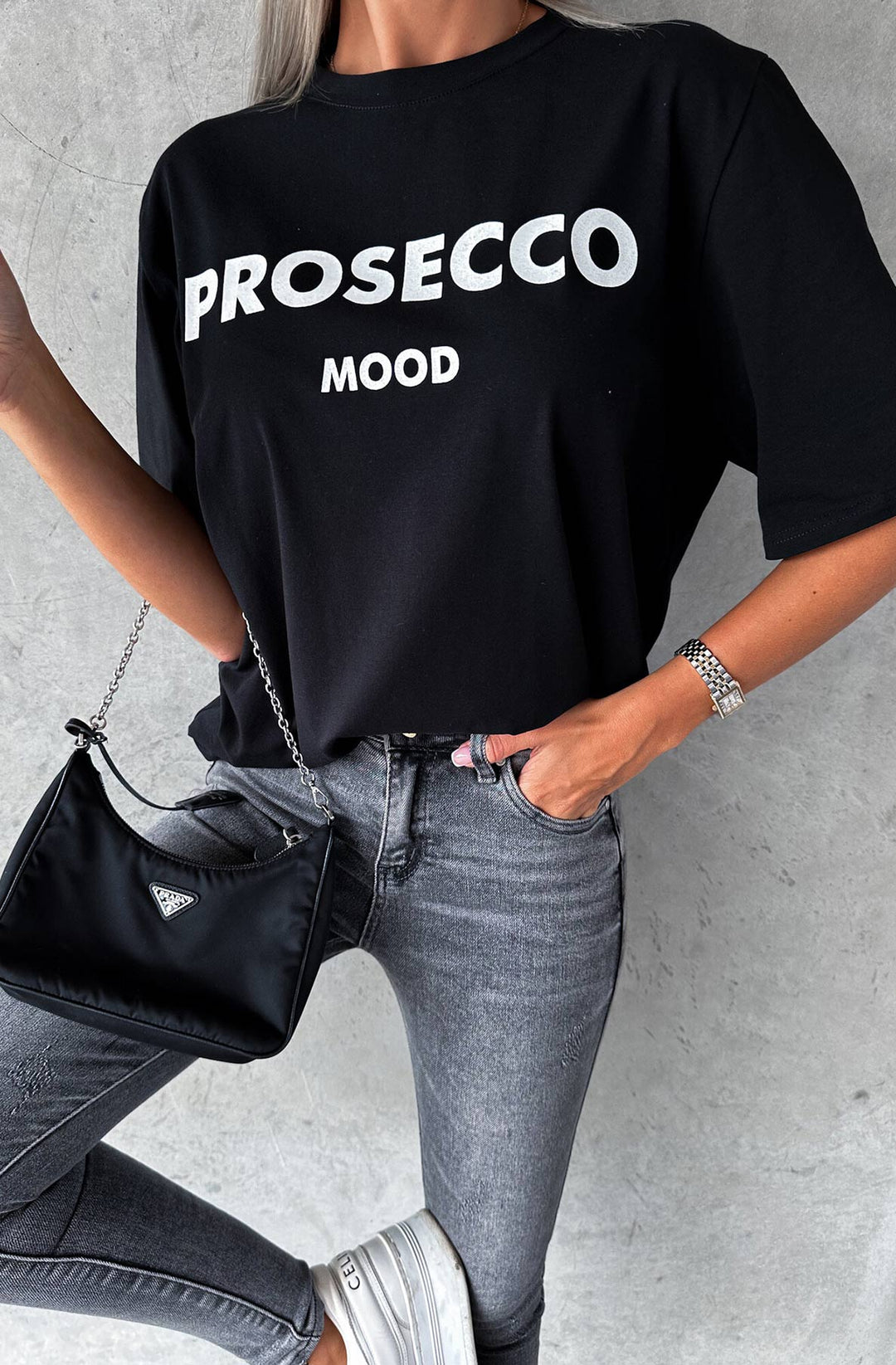 'Prosecco Mood' Graphic Printed T-Shirt Top-Black
