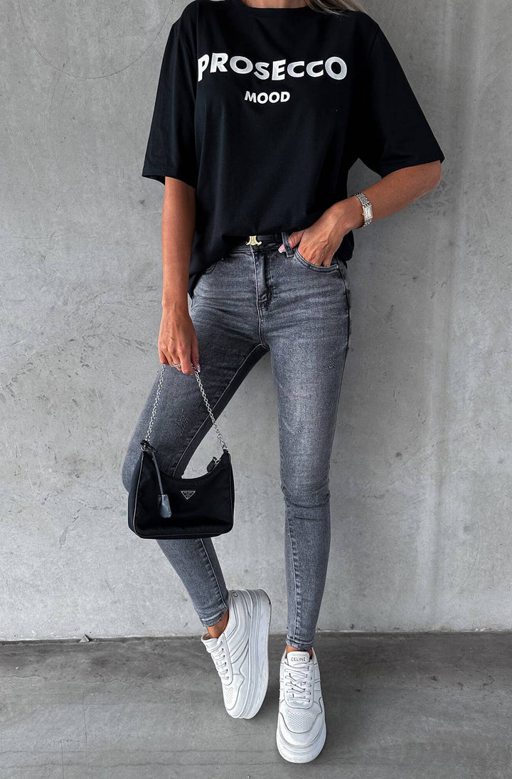 'Prosecco Mood' Graphic Printed T-Shirt Top-Black