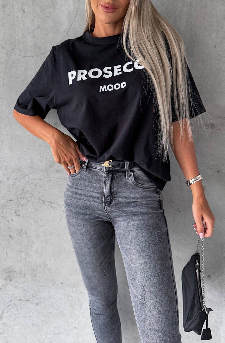 'Prosecco Mood' Graphic Printed T-Shirt Top-Black