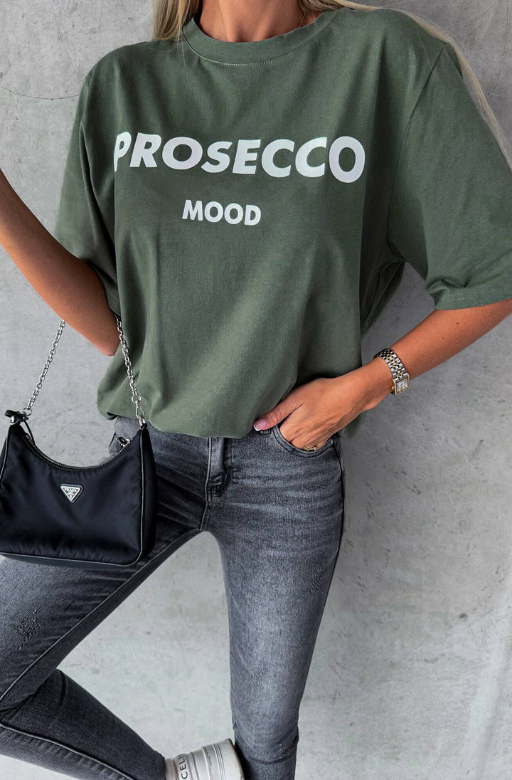 'Prosecco Mood' Graphic Printed T-Shirt Top-Khaki
