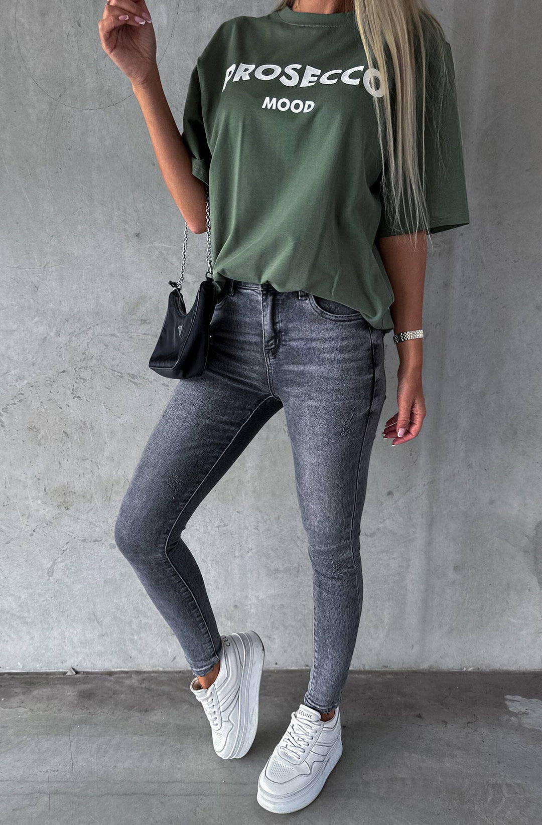 'Prosecco Mood' Graphic Printed T-Shirt Top-Khaki