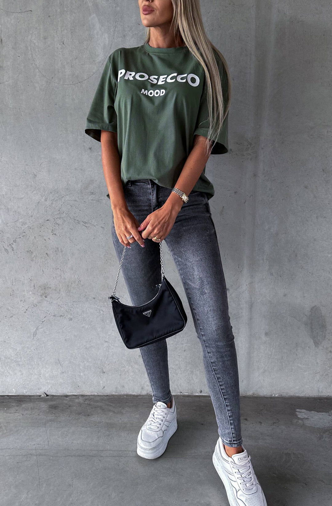 'Prosecco Mood' Graphic Printed T-Shirt Top-Khaki