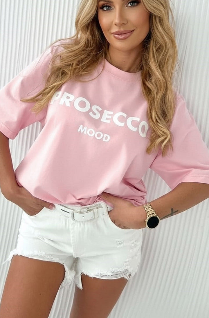 'Prosecco Mood' Graphic Printed T-Shirt Top-Dusty Pink