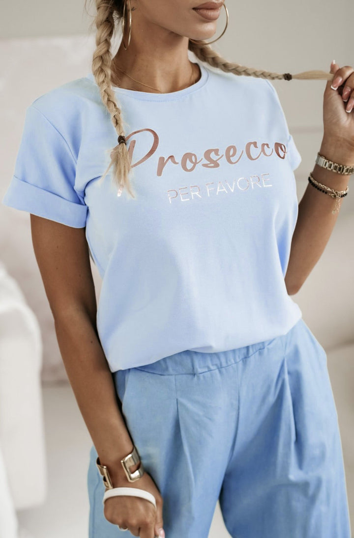 'Prosecco Per Favore' Graphic Printed T. Shirt Top-Sky Blue