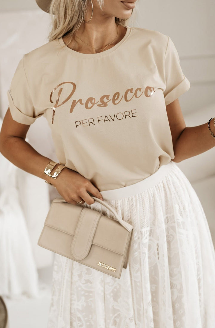 'Prosecco Per Favore' Graphic Printed T-Shirt Top-Stone