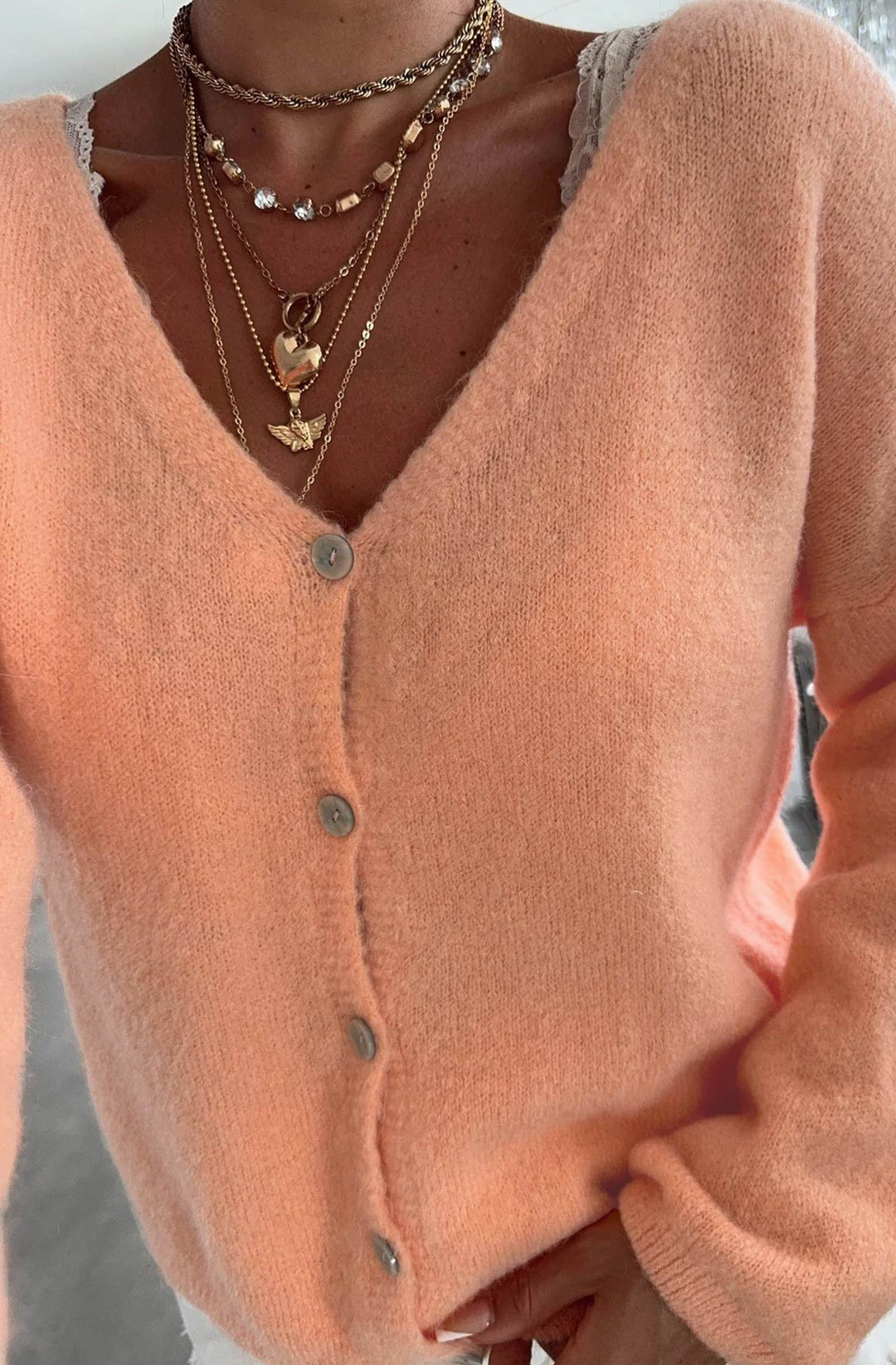 Rebecca Long Sleeves Light Knitted Cardigan-Coral
