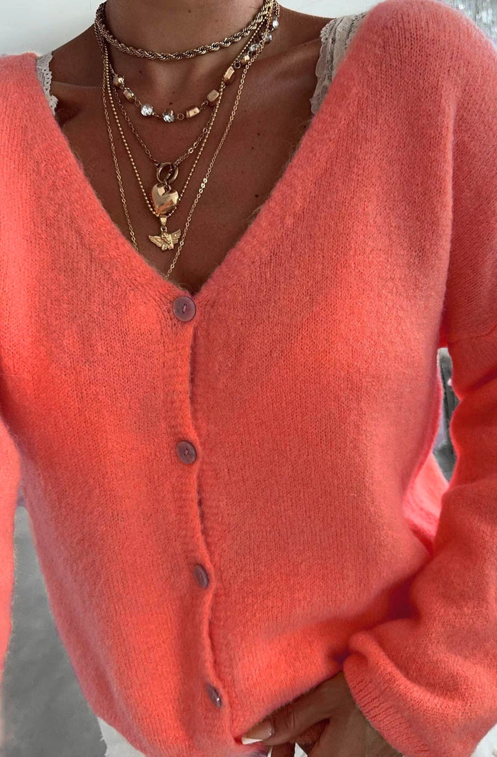 Rebecca Long Sleeves Light Knitted Cardigan-Coral