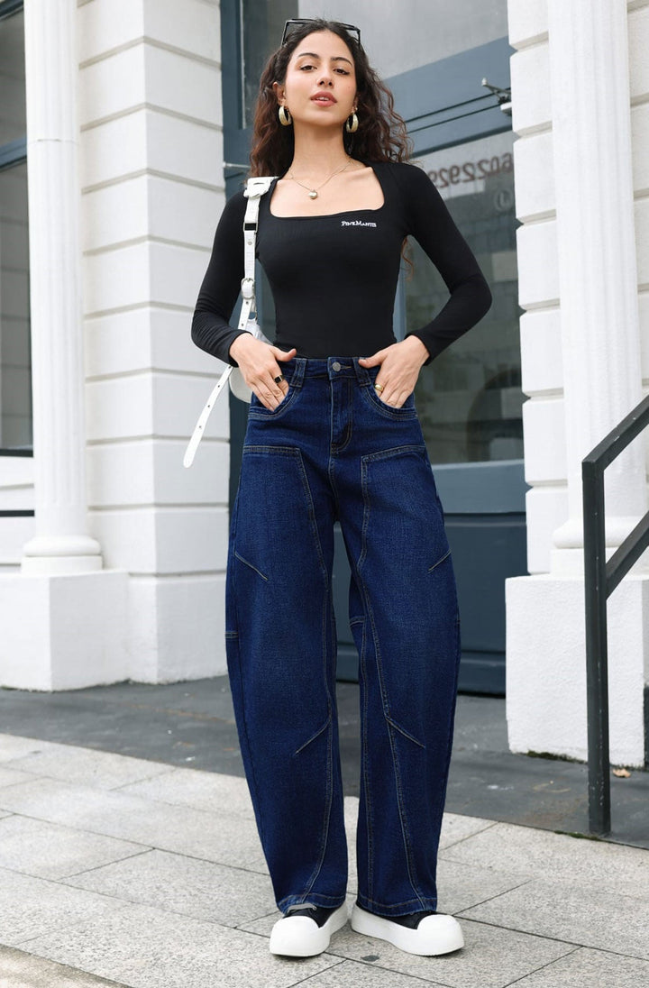 Reyka High Waist Panel Seam Balloon Denim Jeans-Dark Blue