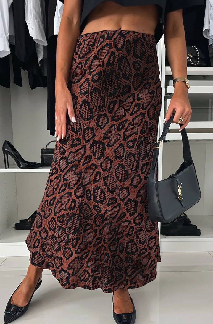 Riva Satin Snake Print Midaxi Skirt-Brown