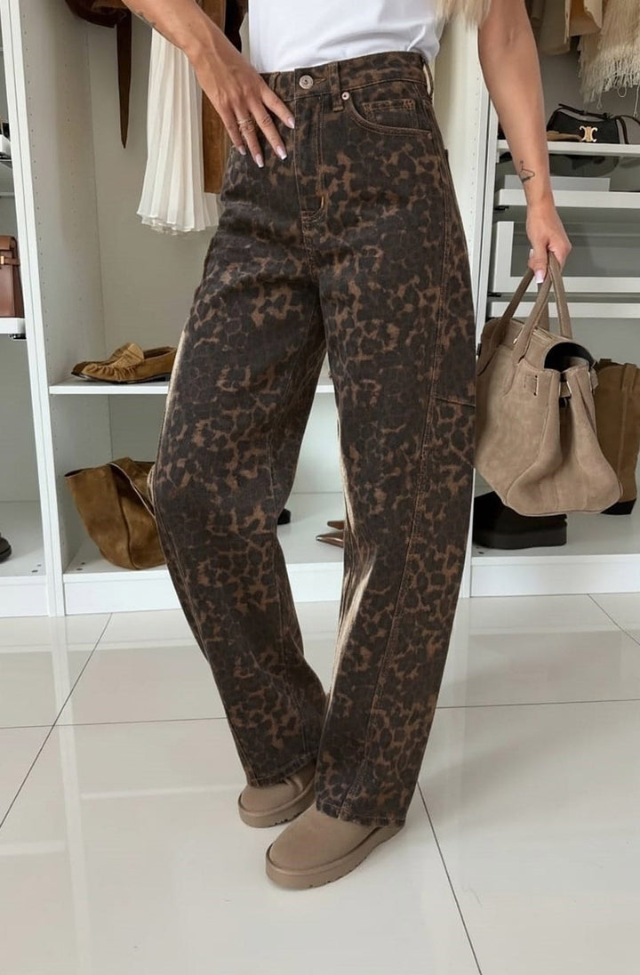 Rocco Leopard High Waisted Balloon Denim Jeans-Brown