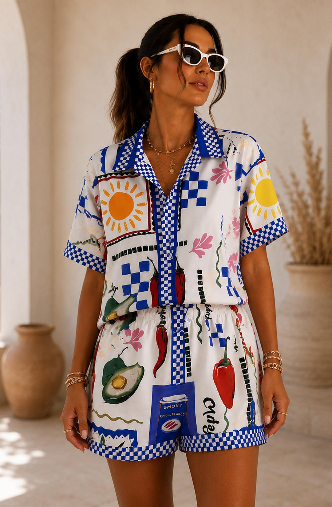 Rosalie Mediterranean Print Two Piece Co-Ord Set-Royal Blue