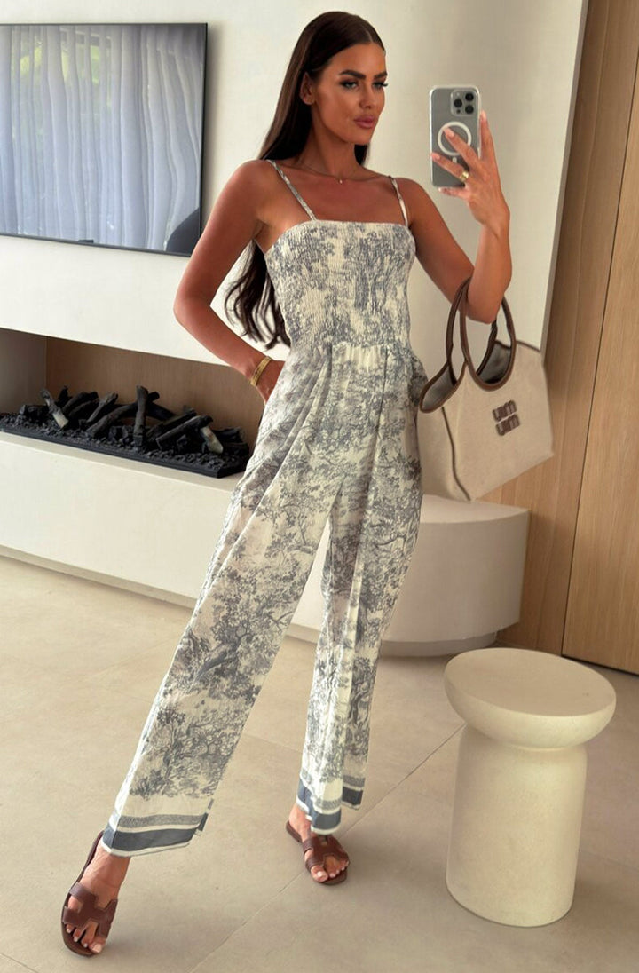 Rosetta Floral Shirred Wide Leg Jumpsuit-Grey