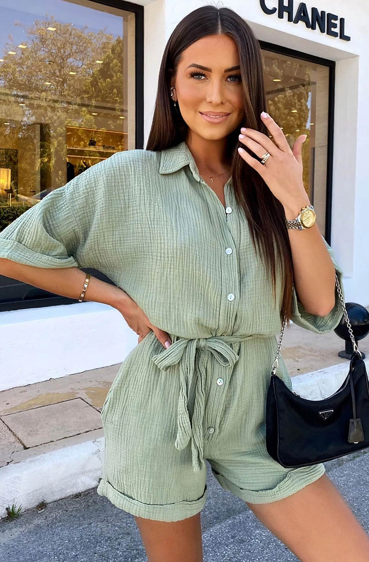 Sallie Belted Cotton Gauze Style Playsuit-Sage