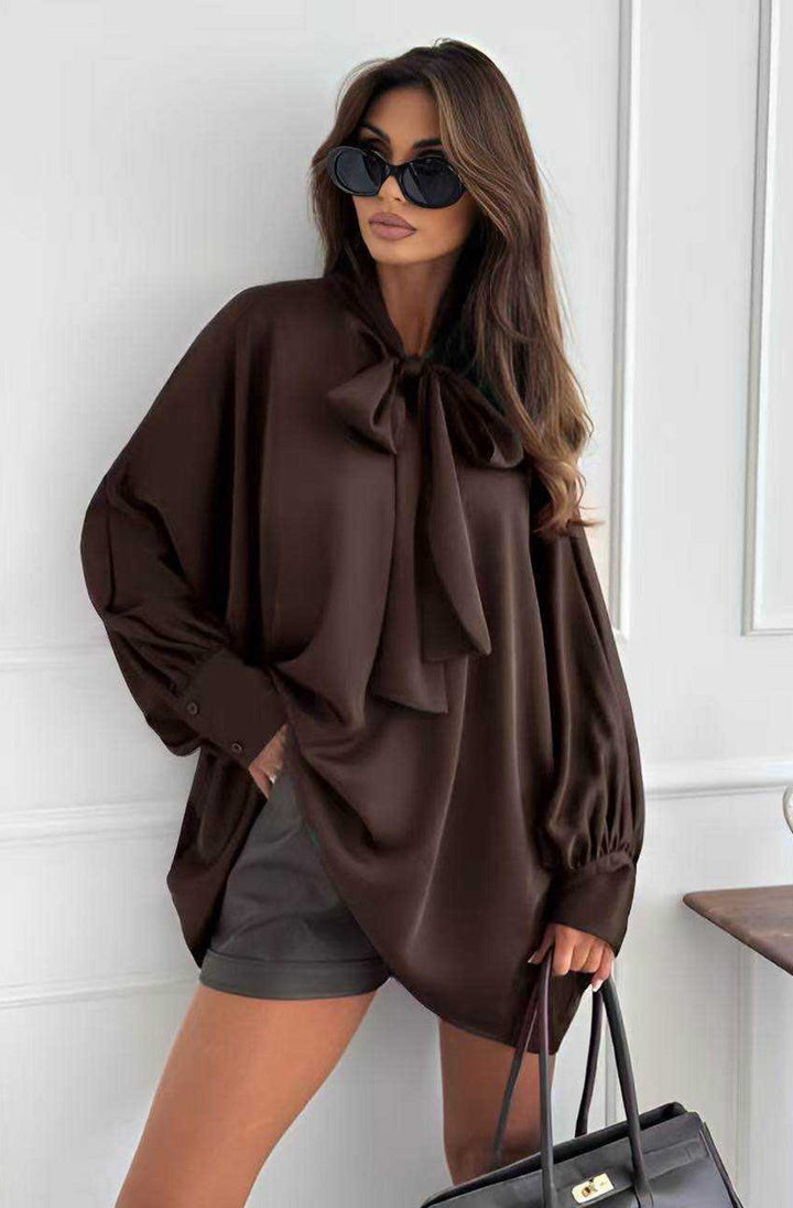 Samira 'BOW' Oversized Satin Blouse Top-Chocolate