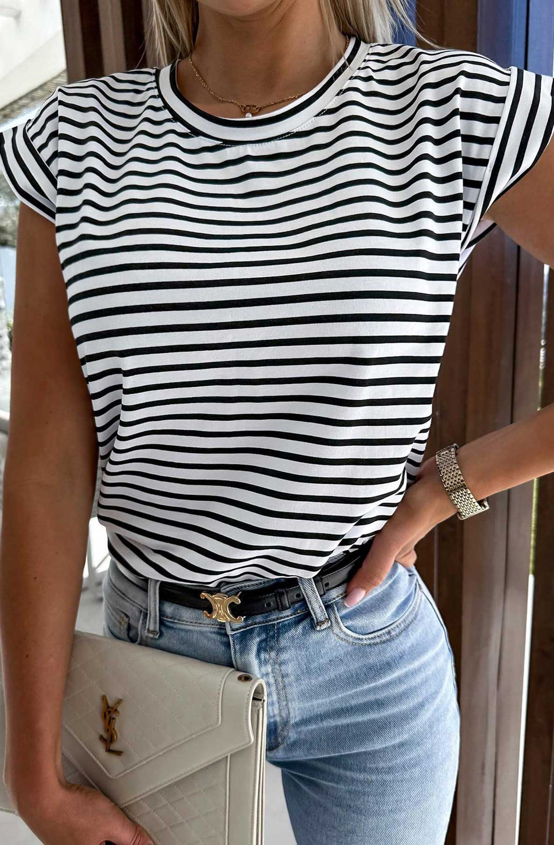 Sammie Striped Cap Sleeves T-shirt Top-Ivory