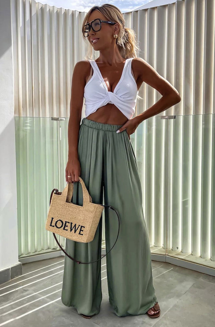 Sandie Satin Style Wide Leg Trousers-Olive
