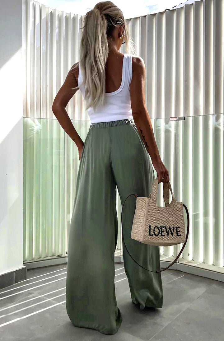 Sandie Satin Style Wide Leg Trousers-Olive