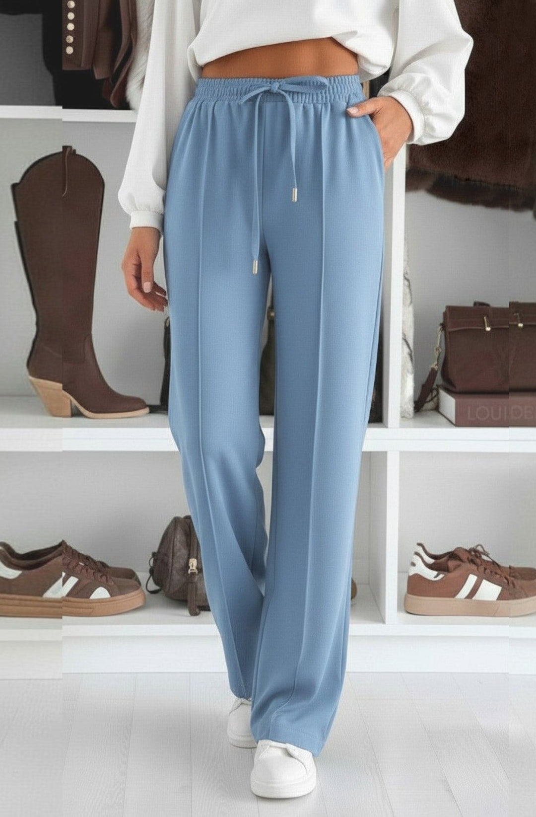 Sarah Elasticated Waist Drawstring Pocket Wide Leg Trousers