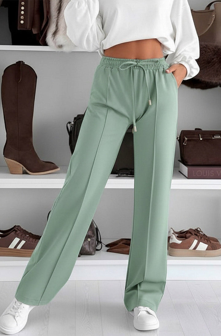 Sarah Elasticated Waist Drawstring Pocket Wide Leg Trousers-Sage
