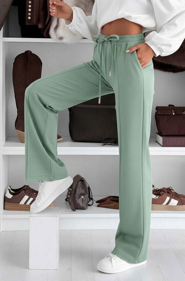 Sarah Elasticated Waist Drawstring Pocket Wide Leg Trousers-Sage