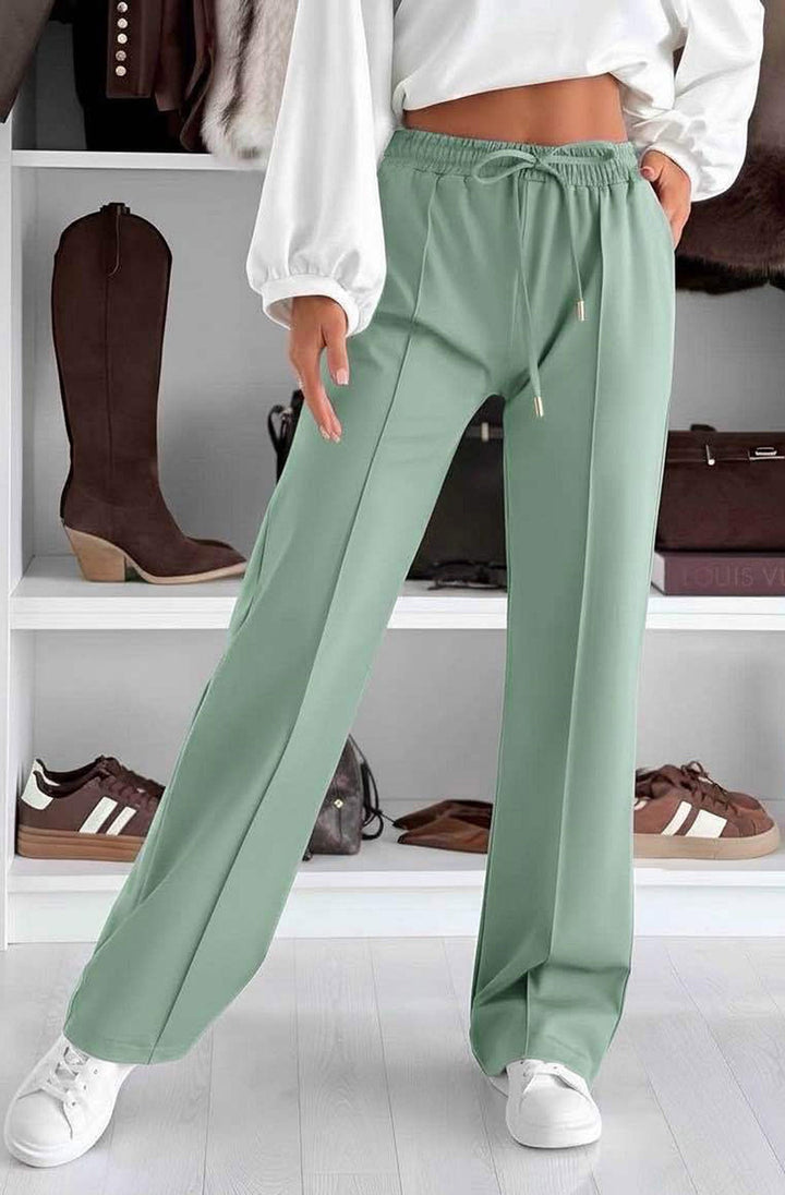 Sarah Elasticated Waist Drawstring Pocket Wide Leg Trousers-Sage
