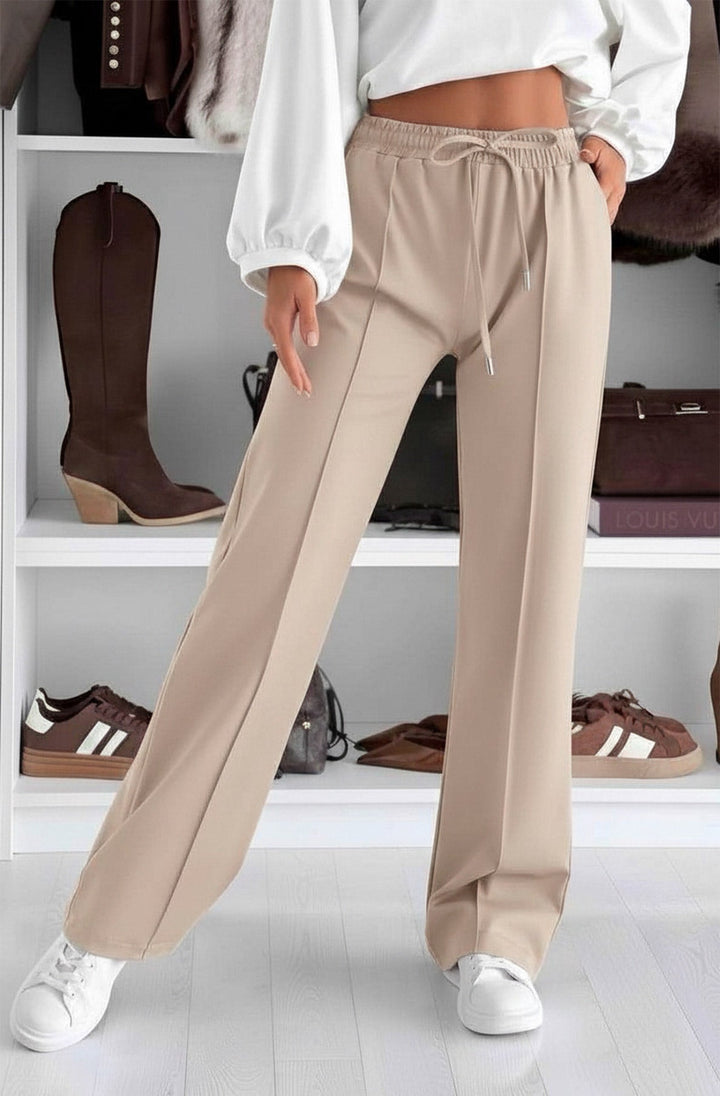 Sarah Elasticated Waist Drawstring Pocket Wide Leg Trousers-Stone