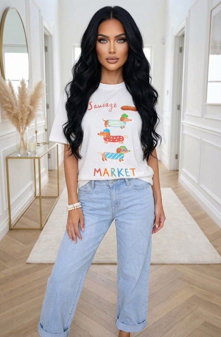 'Sausage Market' 🐶 Oversized Front Graphic Print T-Shirt-Ivory