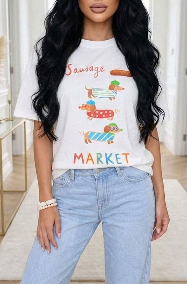 'Sausage Market' 🐶 Oversized Front Graphic Print T-Shirt-Ivory
