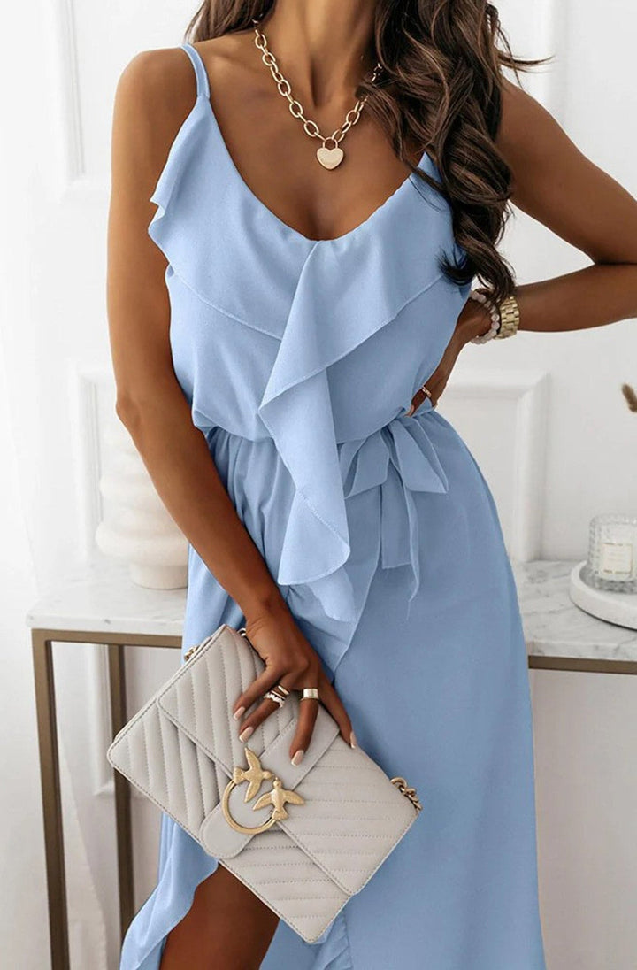 Shanice Frill Chiffon Maxi Dress-Sky Blue