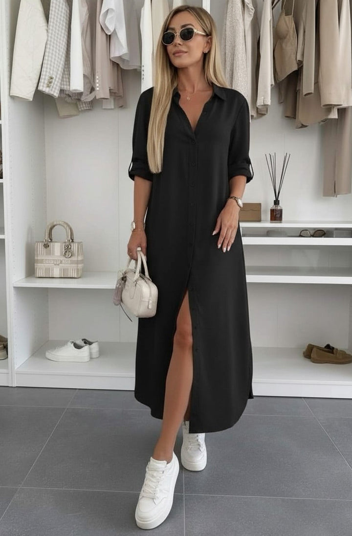 Shazia Oversized Maxi Shirt Dress-Black