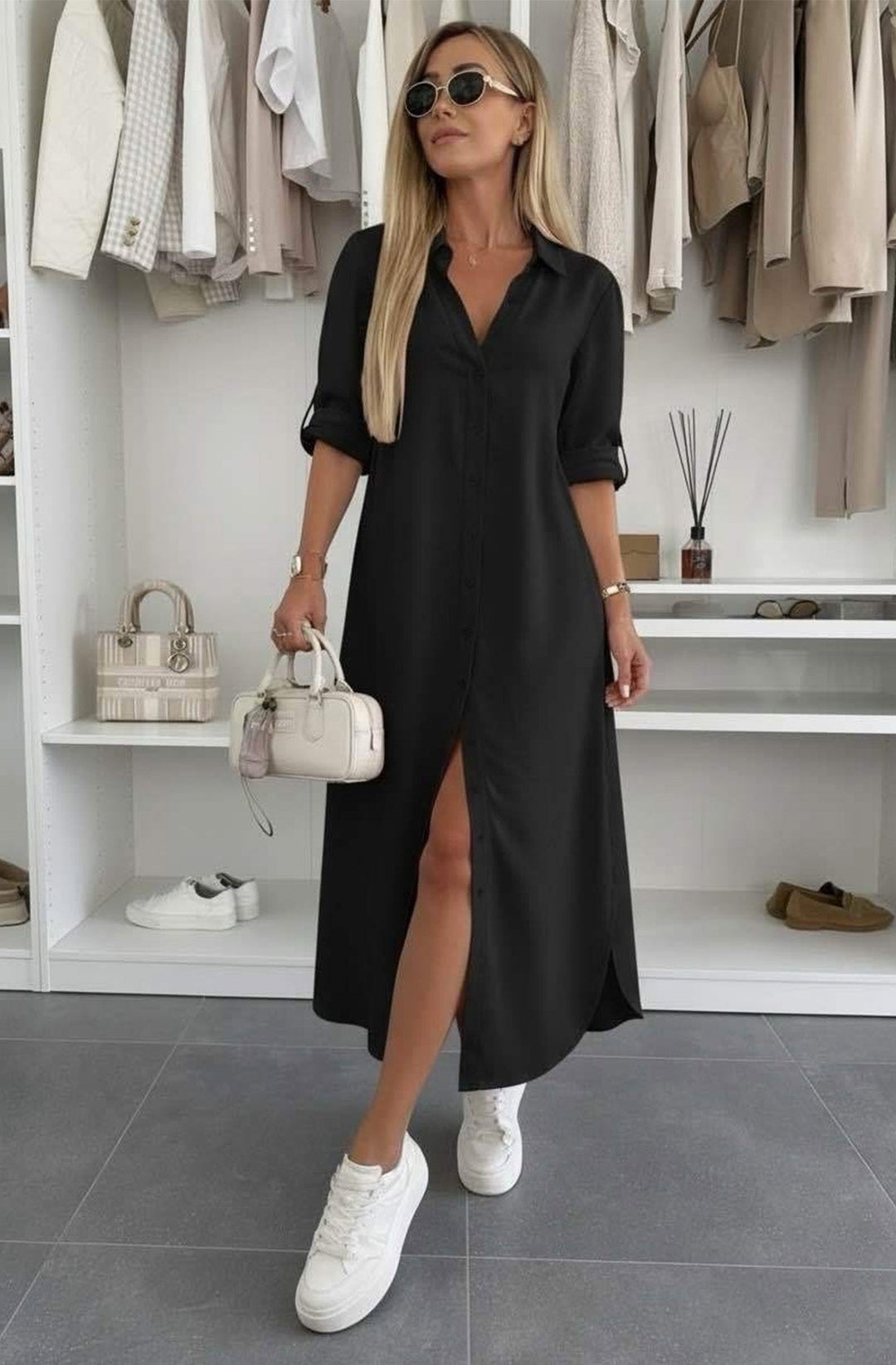 Shazia Oversized Maxi Shirt Dress-Black