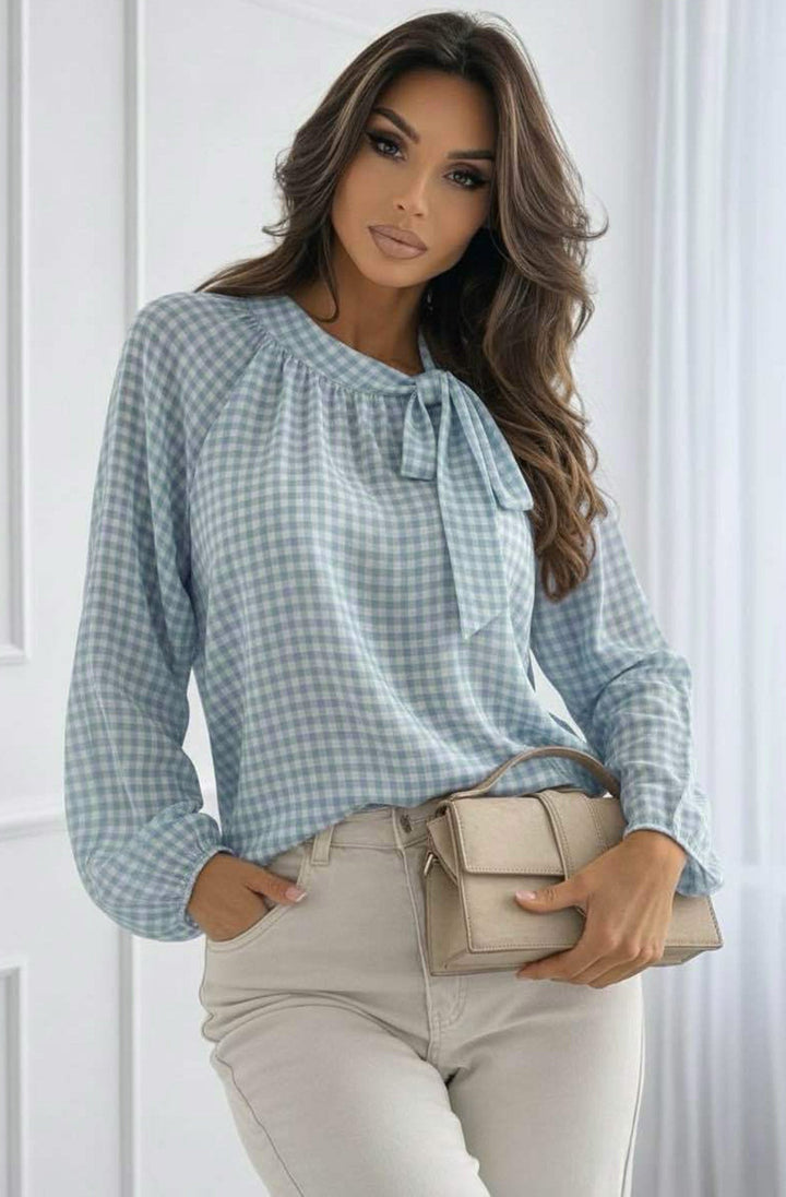 Sia Sheer Gingham Tie-Neck Blouse Top