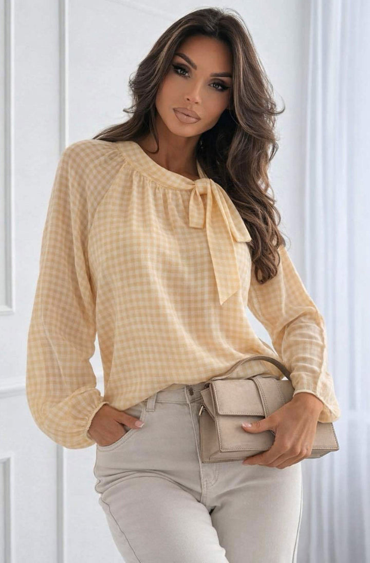 Sia Sheer Gingham Tie-Neck Blouse Top