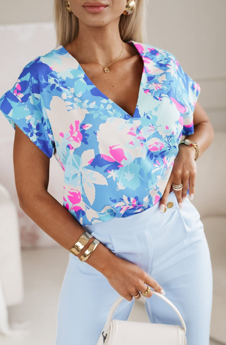 Sienna Abstract Floral Patterned Blouse Top-Blue