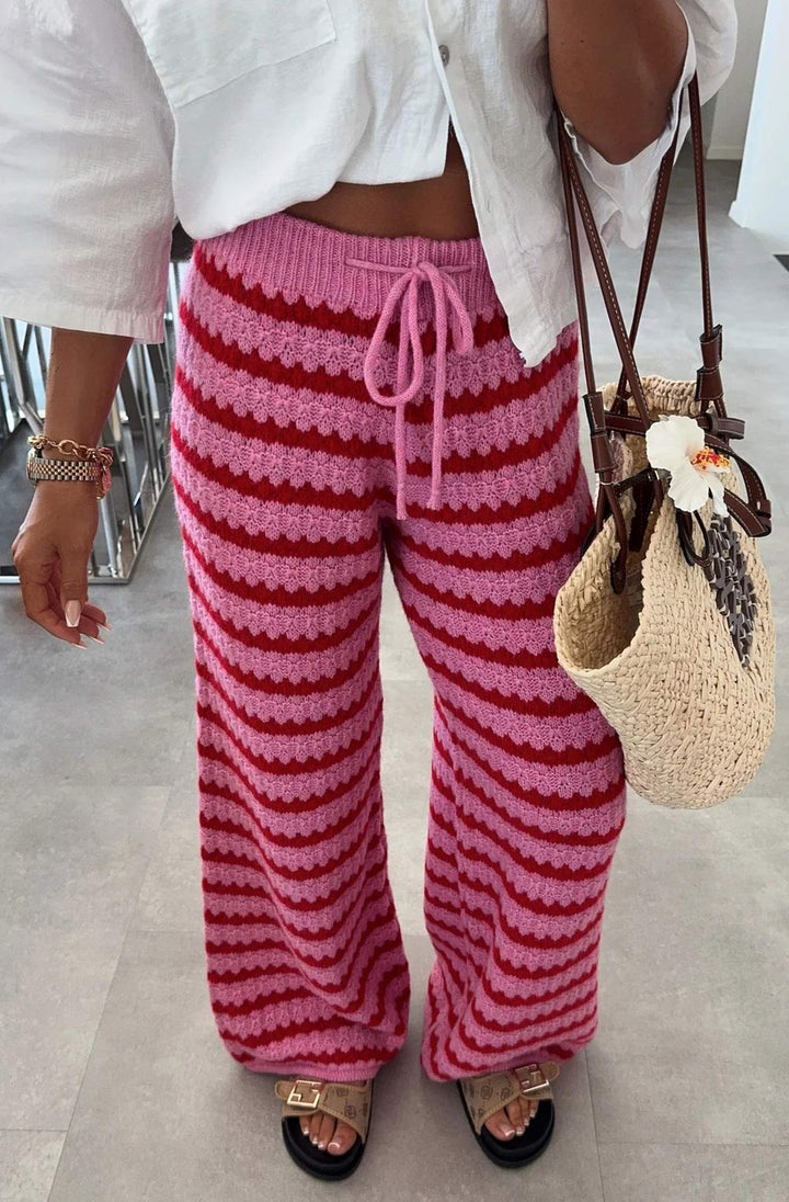 Simone Striped Knitted Wide Leg Trousers-Pink