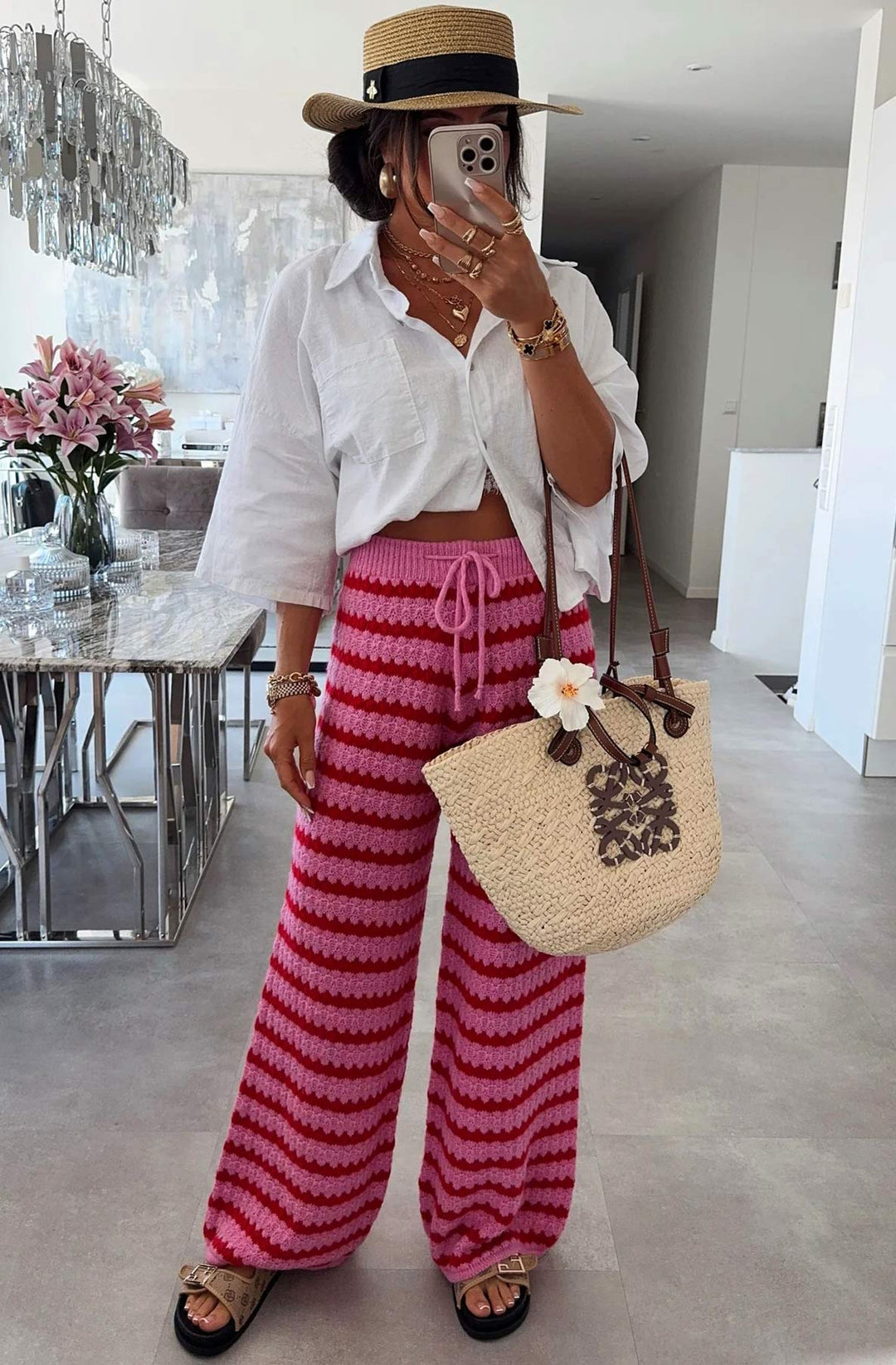 Simone Striped Knitted Wide Leg Trousers-Pink