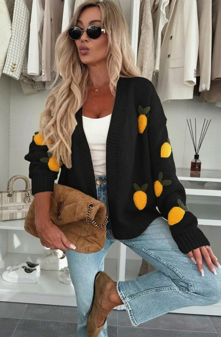Sofia 'Lemon' Applique Embroidered Knitted Cardigan-Black