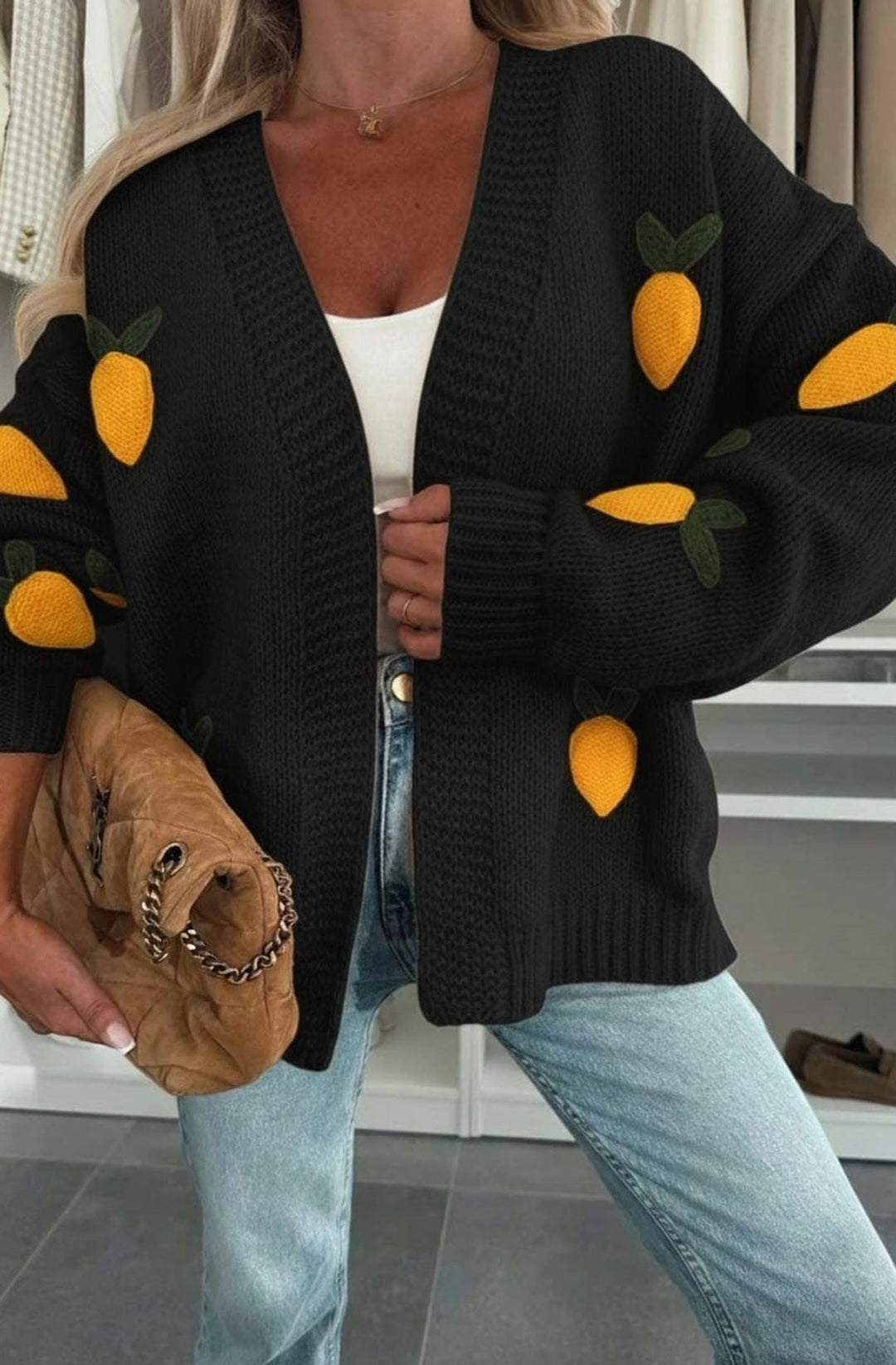 Sofia 'Lemon' Applique Embroidered Knitted Cardigan-Black
