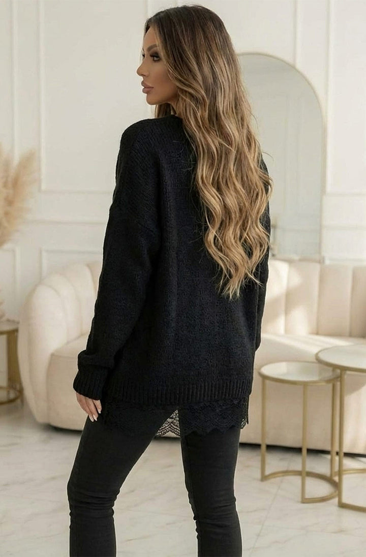 Sola Oversized V Neck Lace Hem  Knitted Sweater Jumper