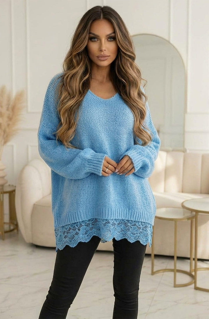 Sola Oversized V Neck Lace Hem  Knitted Sweater Jumper