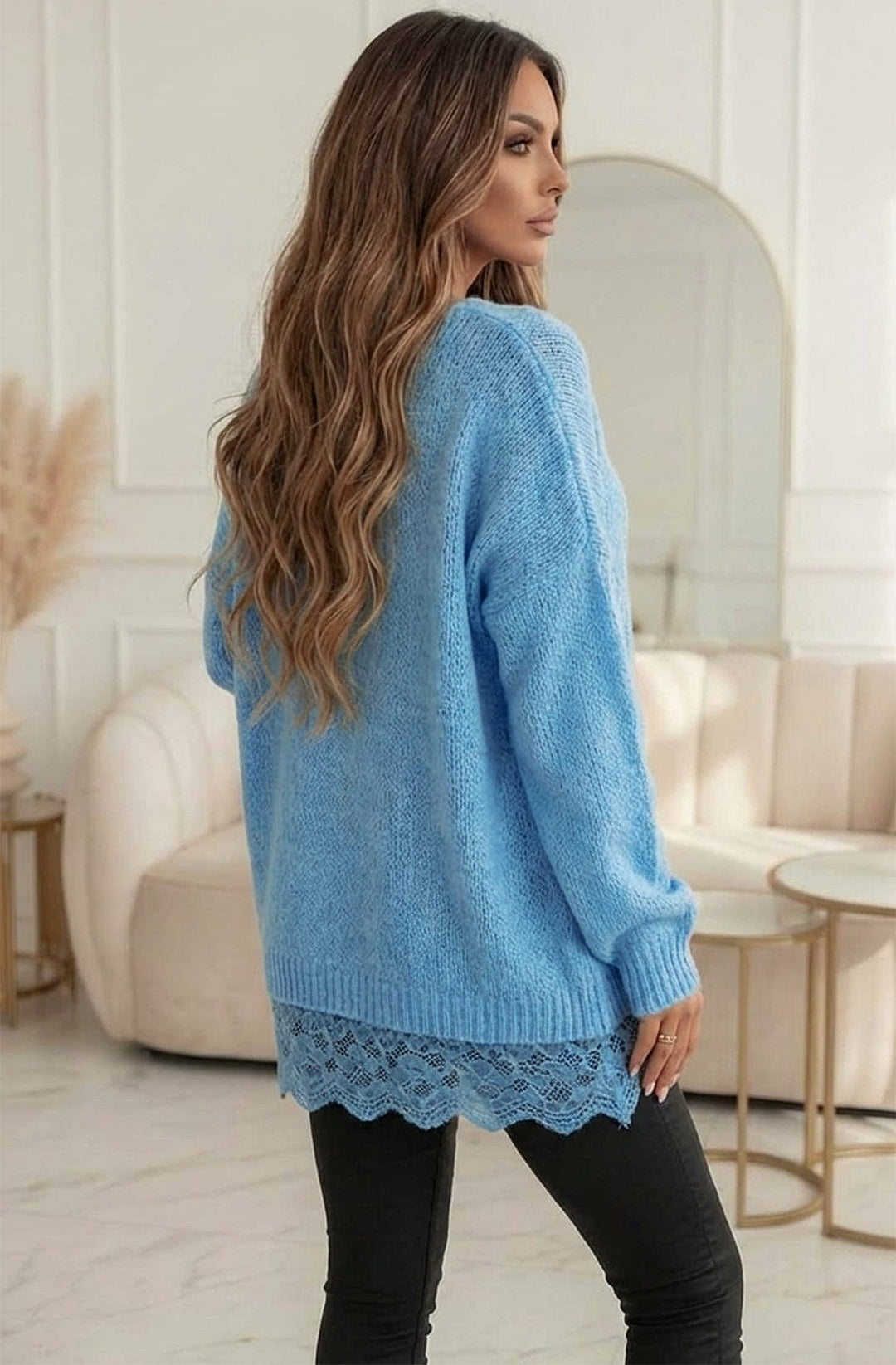 Sola Oversized V Neck Lace Hem  Knitted Sweater Jumper