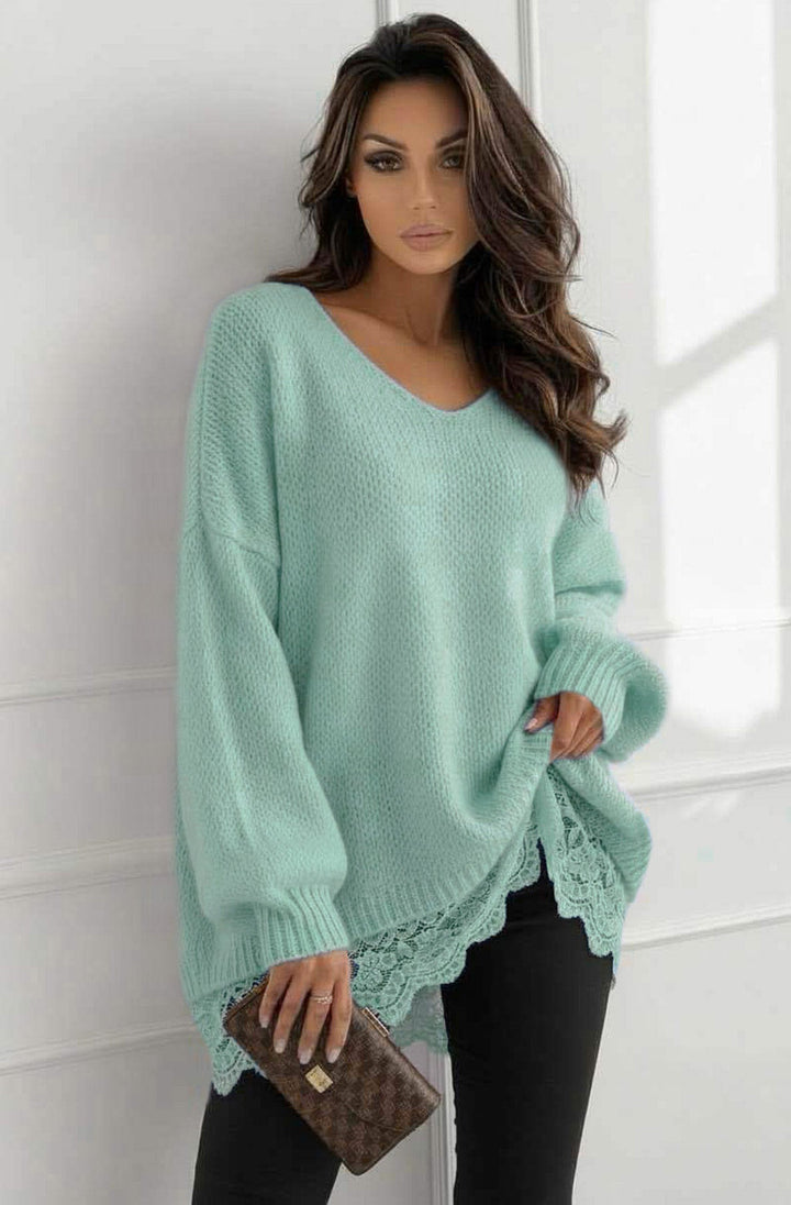 Sola Oversized V Neck Lace Hem  Knitted Sweater Jumper-Mint