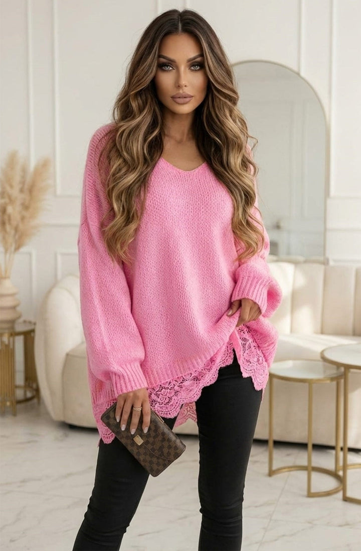 Sola Oversized V Neck Lace Hem  Knitted Sweater Jumper