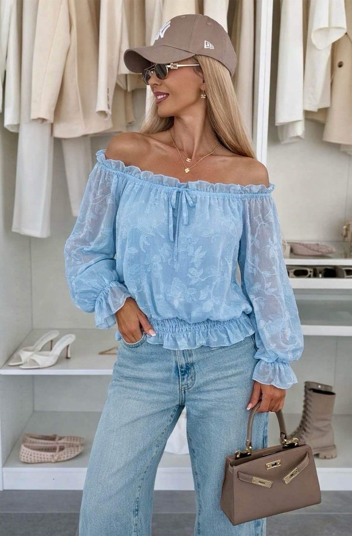 Soleil Floral Textured Bardot Off Shoulder Blouse Top-Blue