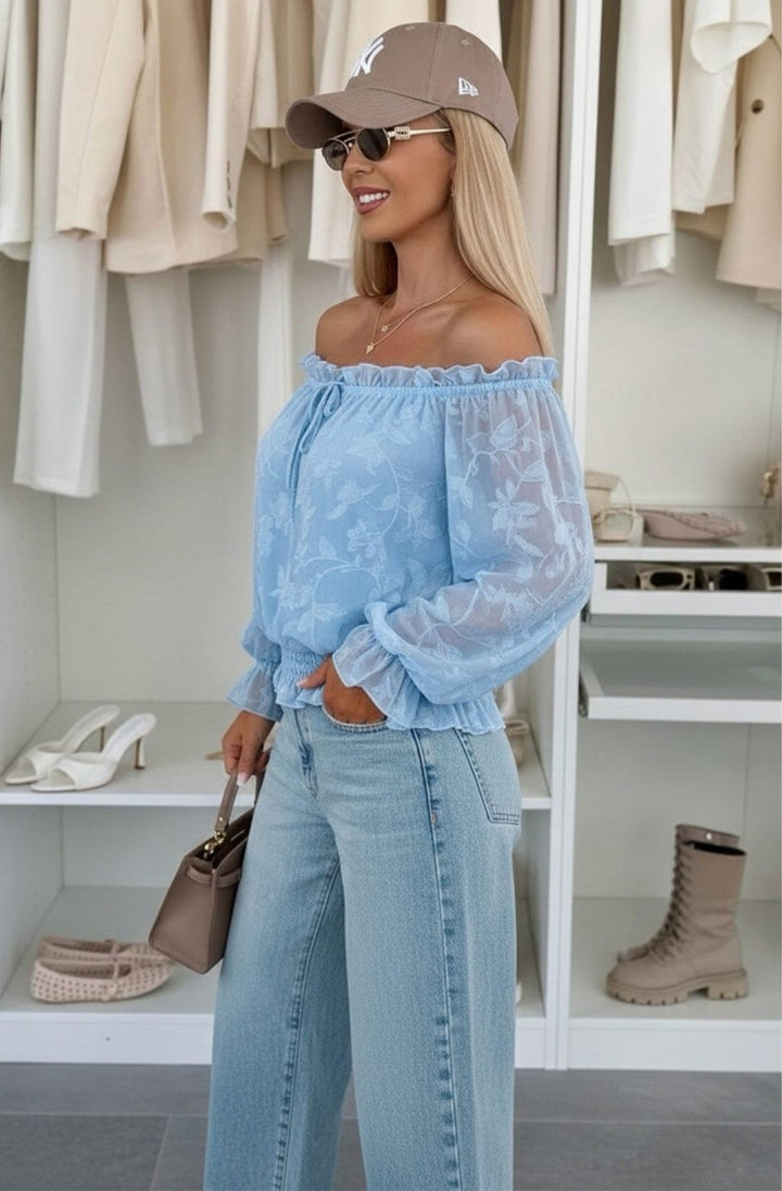 Soleil Floral Textured Bardot Off Shoulder Blouse Top-Blue