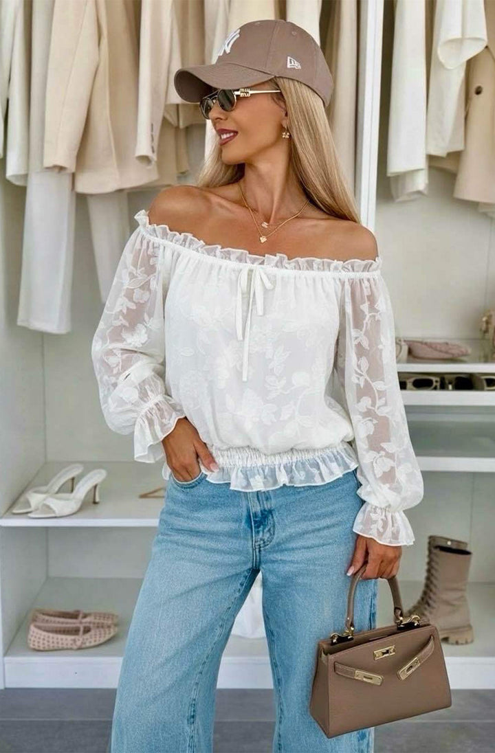 Soleil Floral Textured Bardot Off Shoulder Blouse Top-Ivory