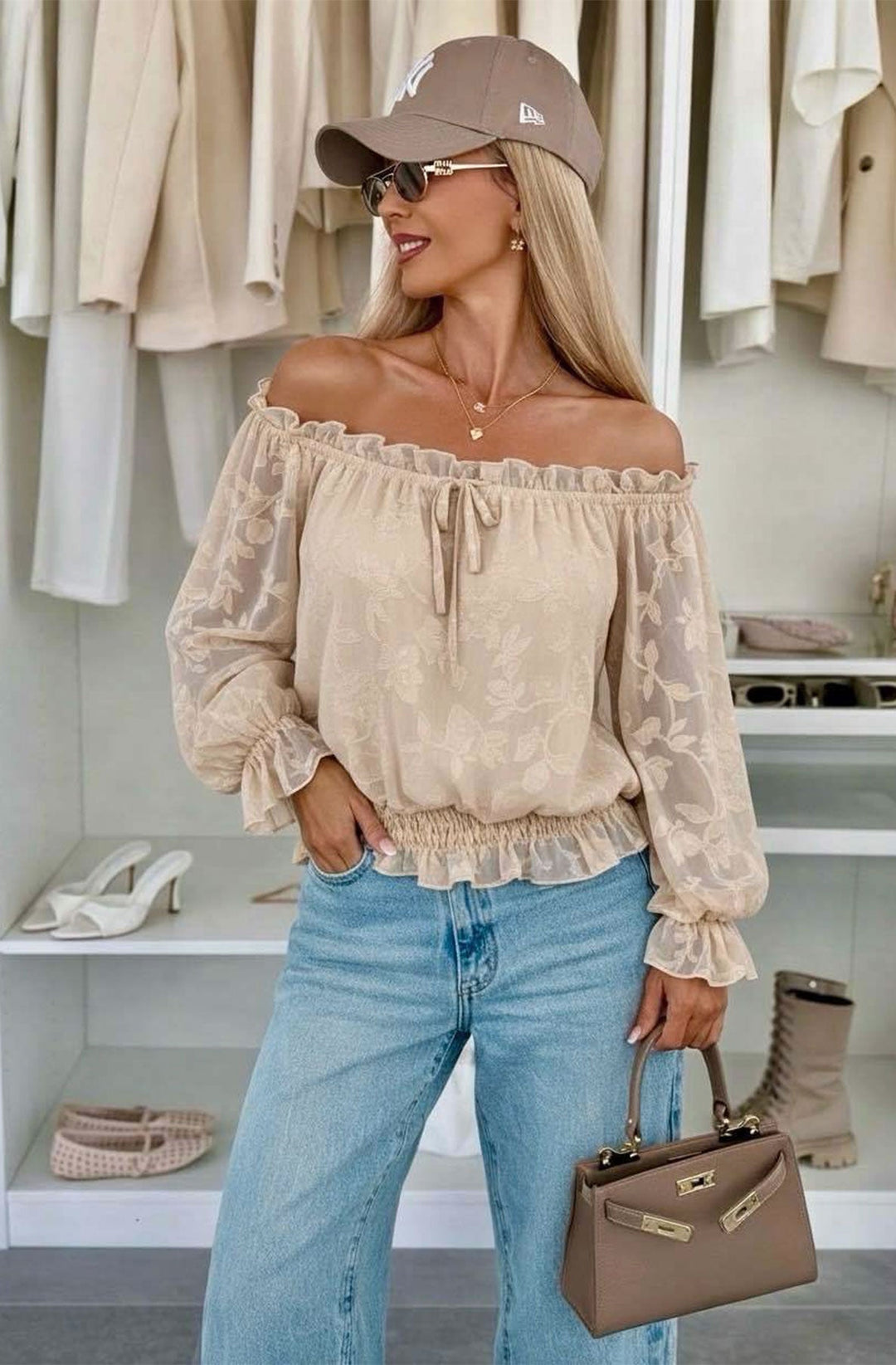 Soleil Floral Textured Bardot Off Shoulder Blouse Top-Stone