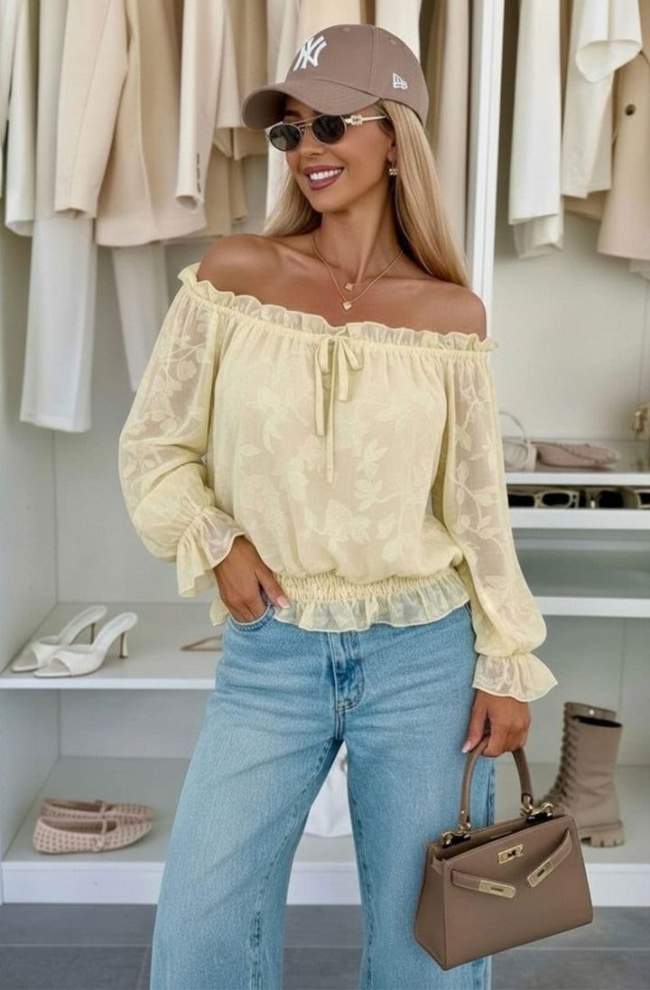Soleil Floral Textured Bardot Off Shoulder Blouse Top-Yellow